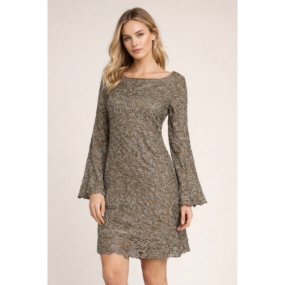 Sundance Pure Elegance Applique Shift Dress Gray Tan M Midi Boho Romantic